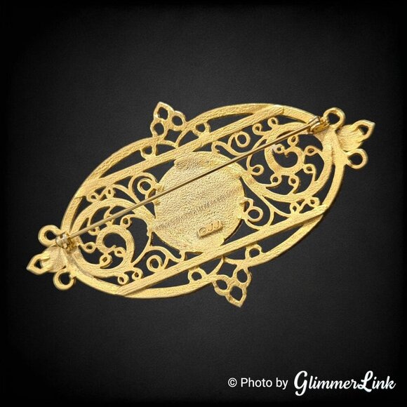 VTG Jonette Jewelry JJ Oval Filigree Blue Stone Edwardian Style Gold Tone Brooch - Picture 5 of 7